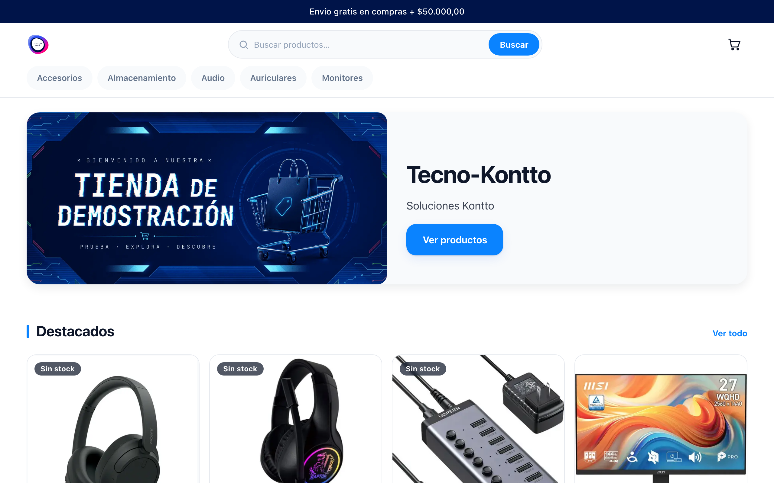 Tienda online de Kontto: catálogo de productos con banner, destacados y carrito